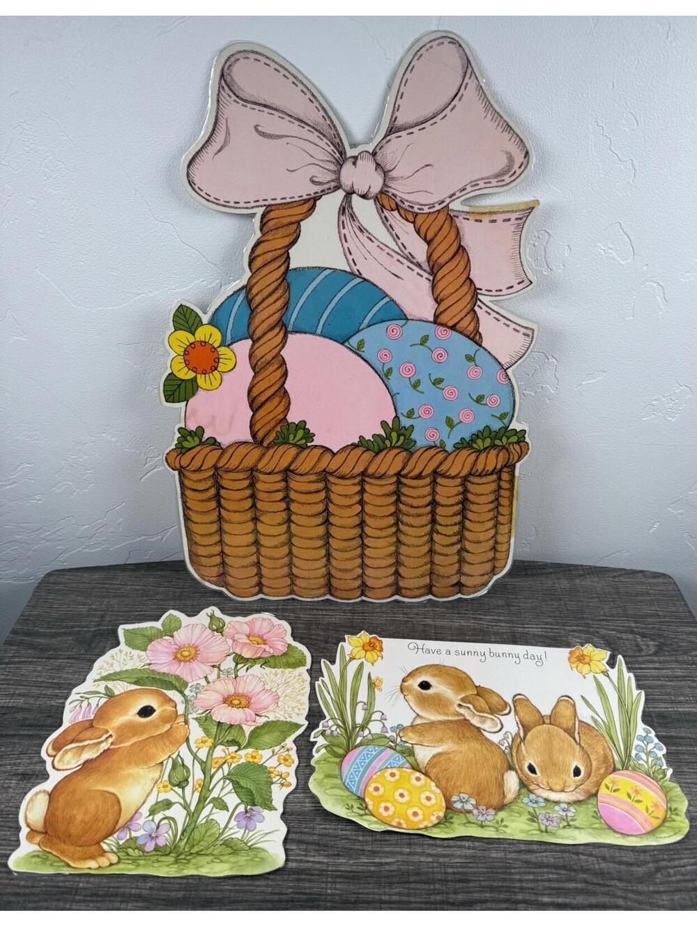 Vtg Hallmark Easter Die Cut Decorations Bunny Basket Set Spring Decor Set Of 3